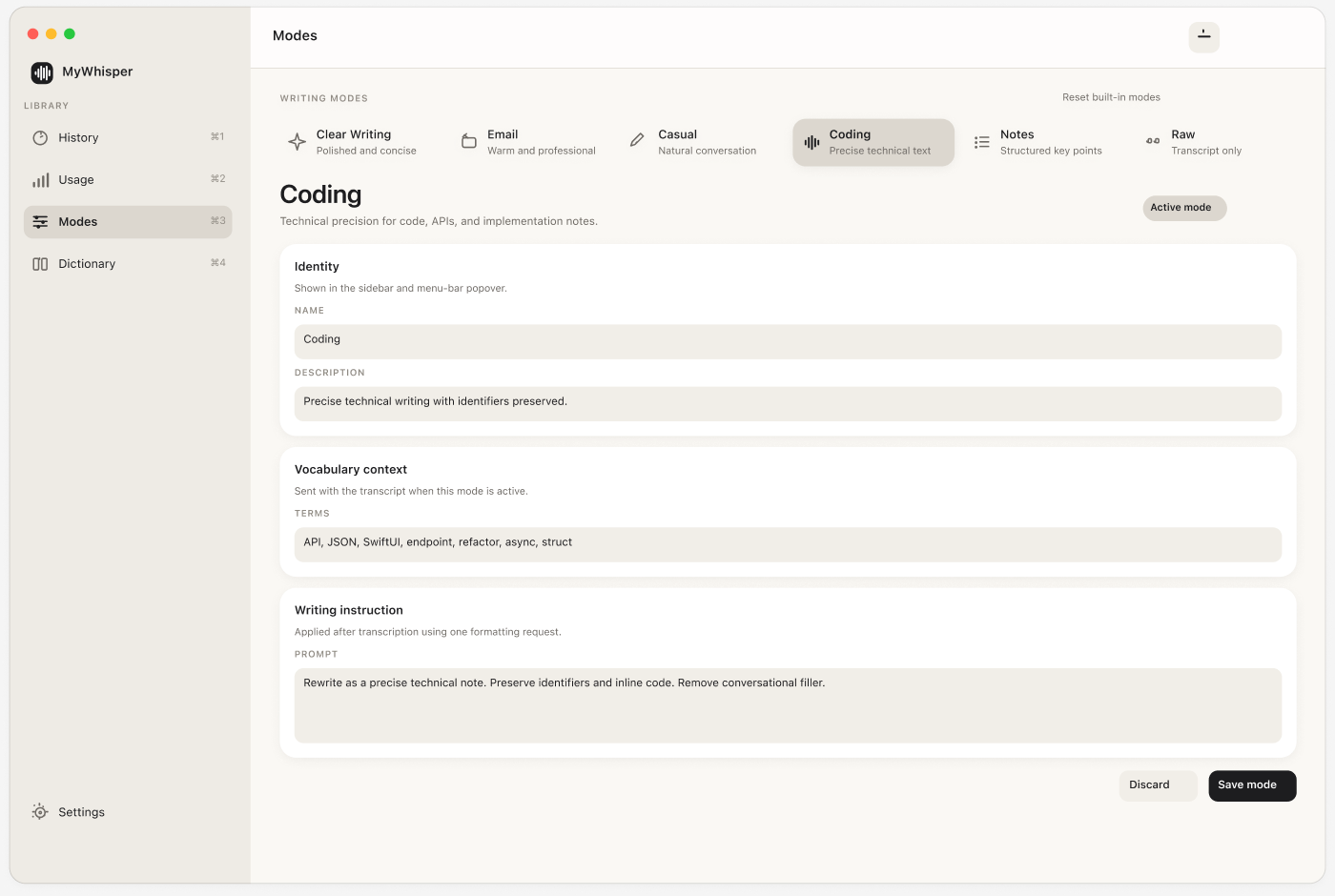 The MyWhisper Modes window, showing the Coding mode with its vocabulary context and rewrite instruction.